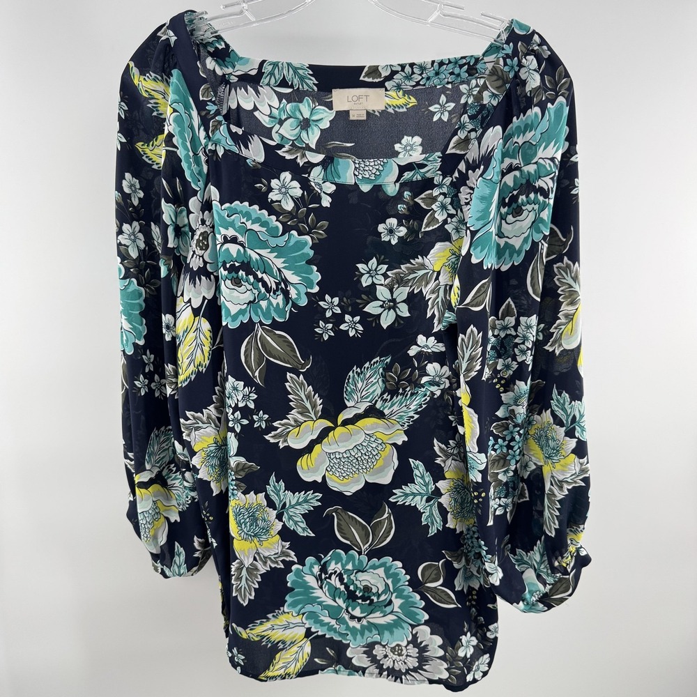 LOFT Outlet Blouse Womens M‎ Navy Floral Boat Neck Balloon Sleeve Tunic Top